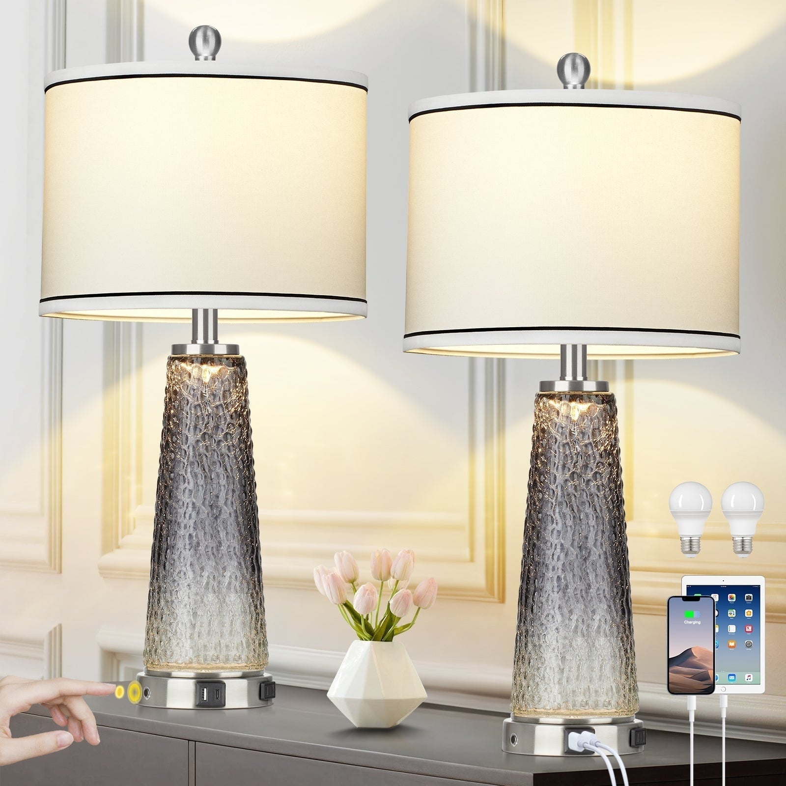 Lampes de table 2 en 1 en verre gris, avec ports de charge et interrupteur tactile bidirectionnel (lot de 2) - 30,5 x 30,5 x 66 cm (L x l x H)