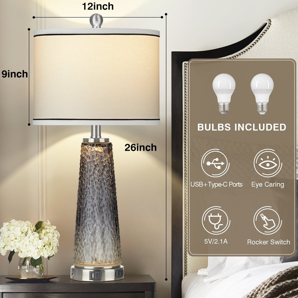 Lampes de table 2 en 1 en verre gris, avec ports de charge et interrupteur tactile bidirectionnel (lot de 2) - 30,5 x 30,5 x 66 cm (L x l x H)