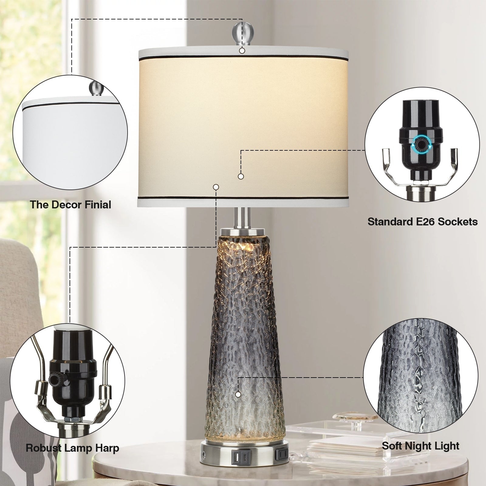 Lampes de table 2 en 1 en verre gris, avec ports de charge et interrupteur tactile bidirectionnel (lot de 2) - 30,5 x 30,5 x 66 cm (L x l x H)
