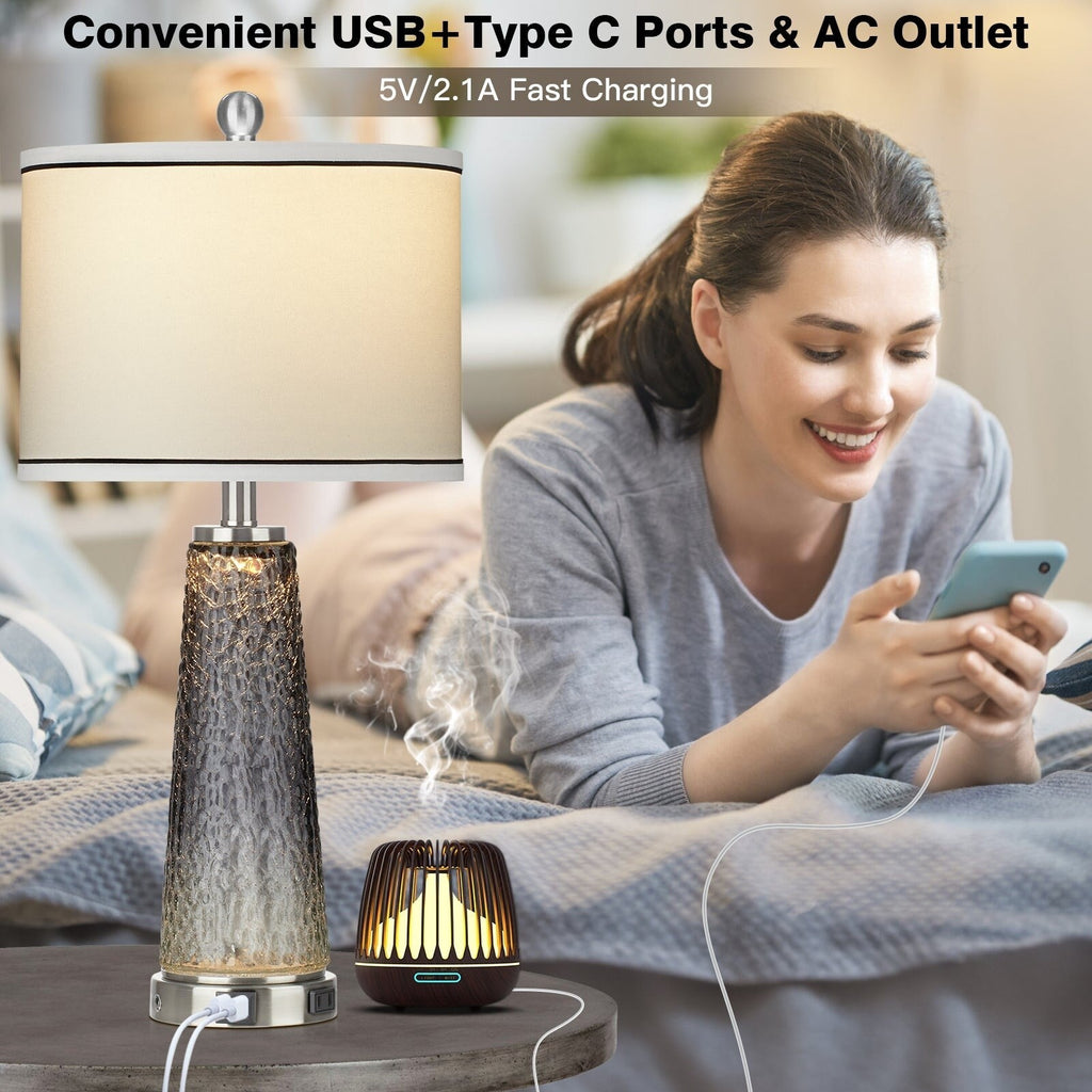 Lampes de table 2 en 1 en verre gris, avec ports de charge et interrupteur tactile bidirectionnel (lot de 2) - 30,5 x 30,5 x 66 cm (L x l x H)