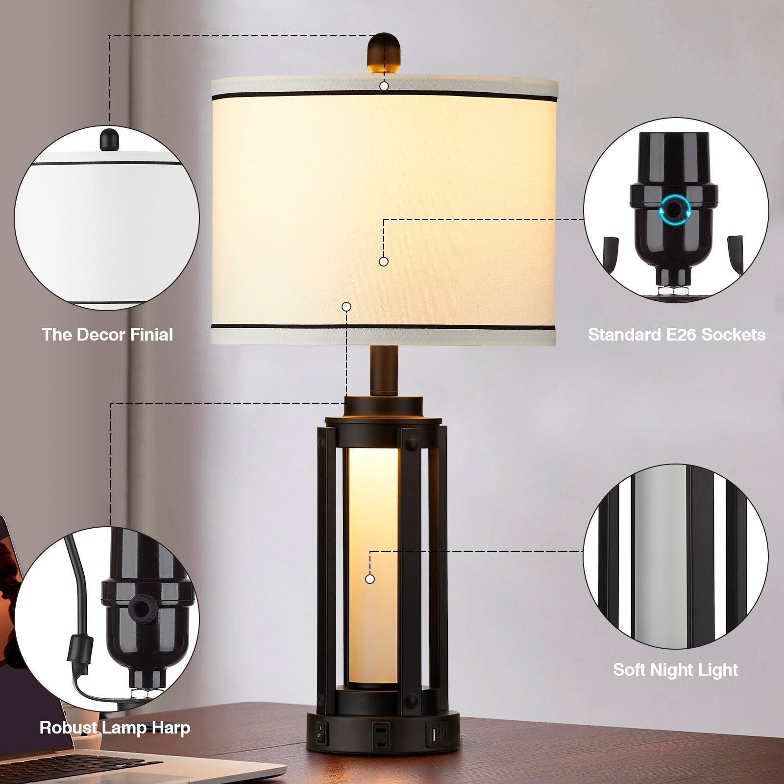 Lampe de table en métal noir, veilleuse 2 en 1, ports de charge USB et Type-C, prise secteur et abat-jour tambour démontable (lot de 2)