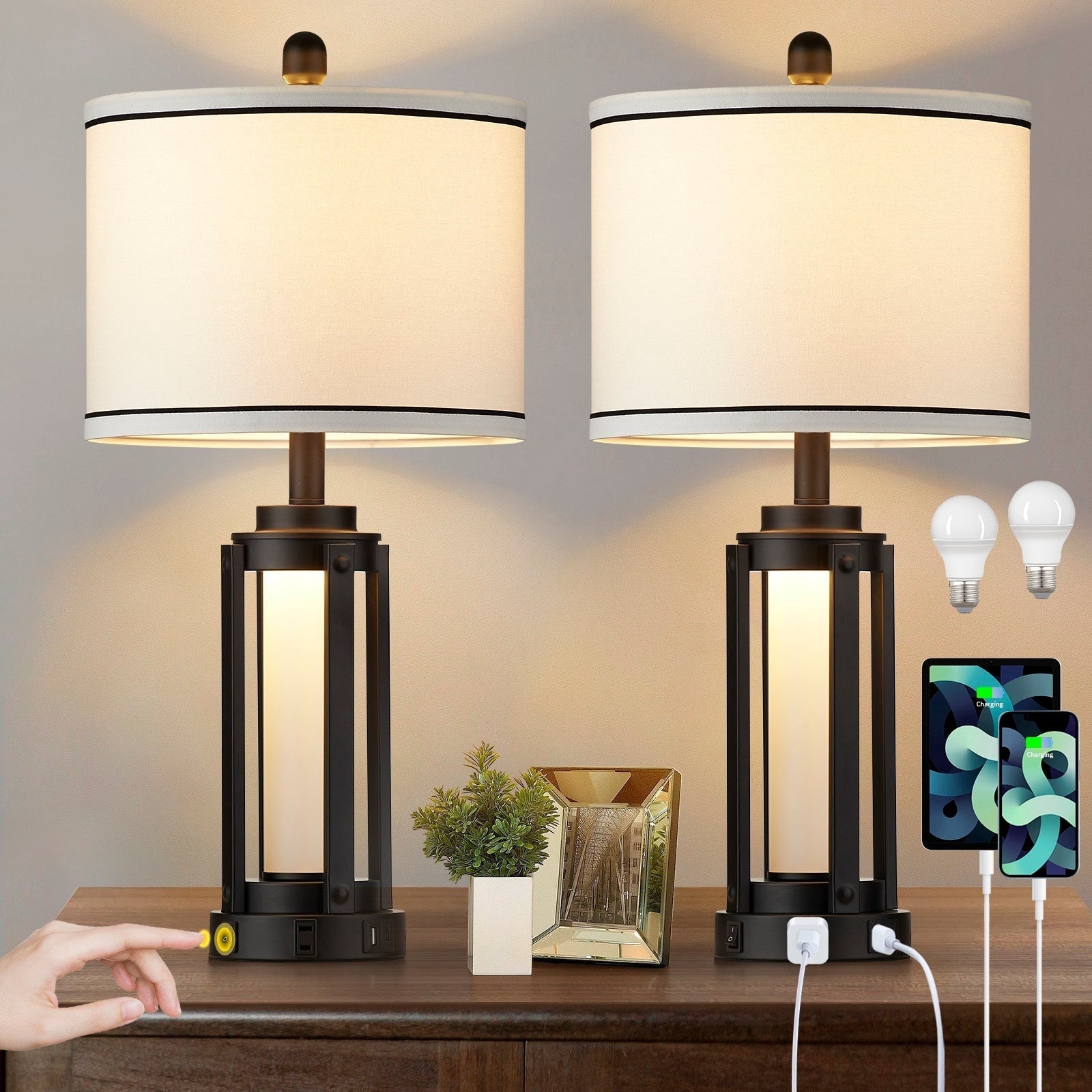 Lampe de table en métal noir, veilleuse 2 en 1, ports de charge USB et Type-C, prise secteur et abat-jour tambour démontable (lot de 2)