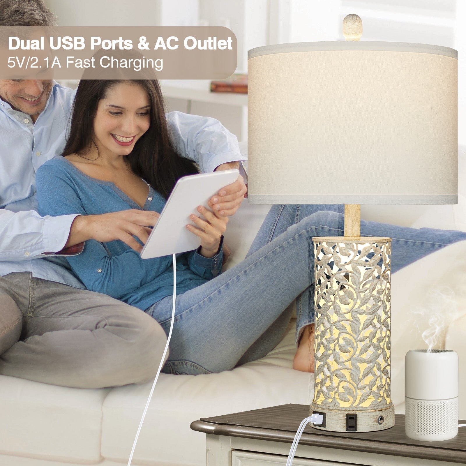 Lampes de table 2 en 1, veilleuses blanches avec ports USB en métal doré, prise secteur, interrupteur tactile (lot de 2)