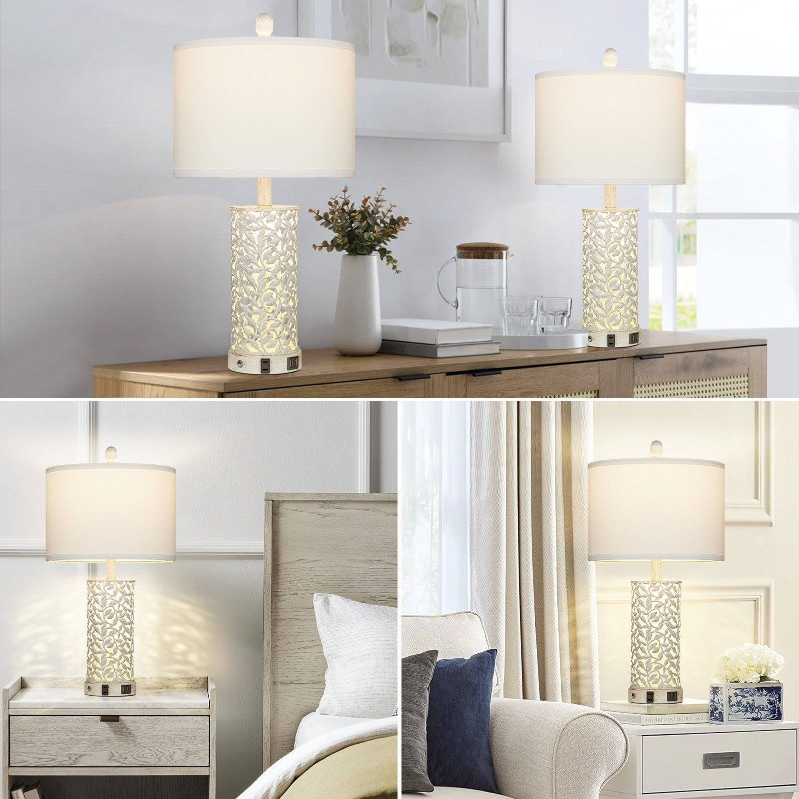 Lampes de table 2 en 1, veilleuses blanches avec ports USB en métal doré, prise secteur, interrupteur tactile (lot de 2)