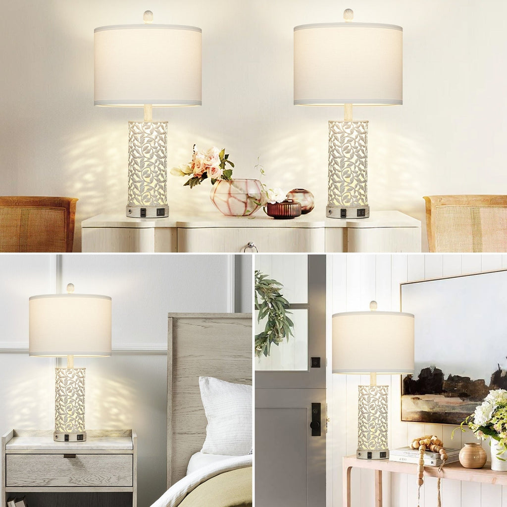 Lampes de table 2 en 1, veilleuses blanches avec ports USB en métal doré, prise secteur, interrupteur tactile (lot de 2)