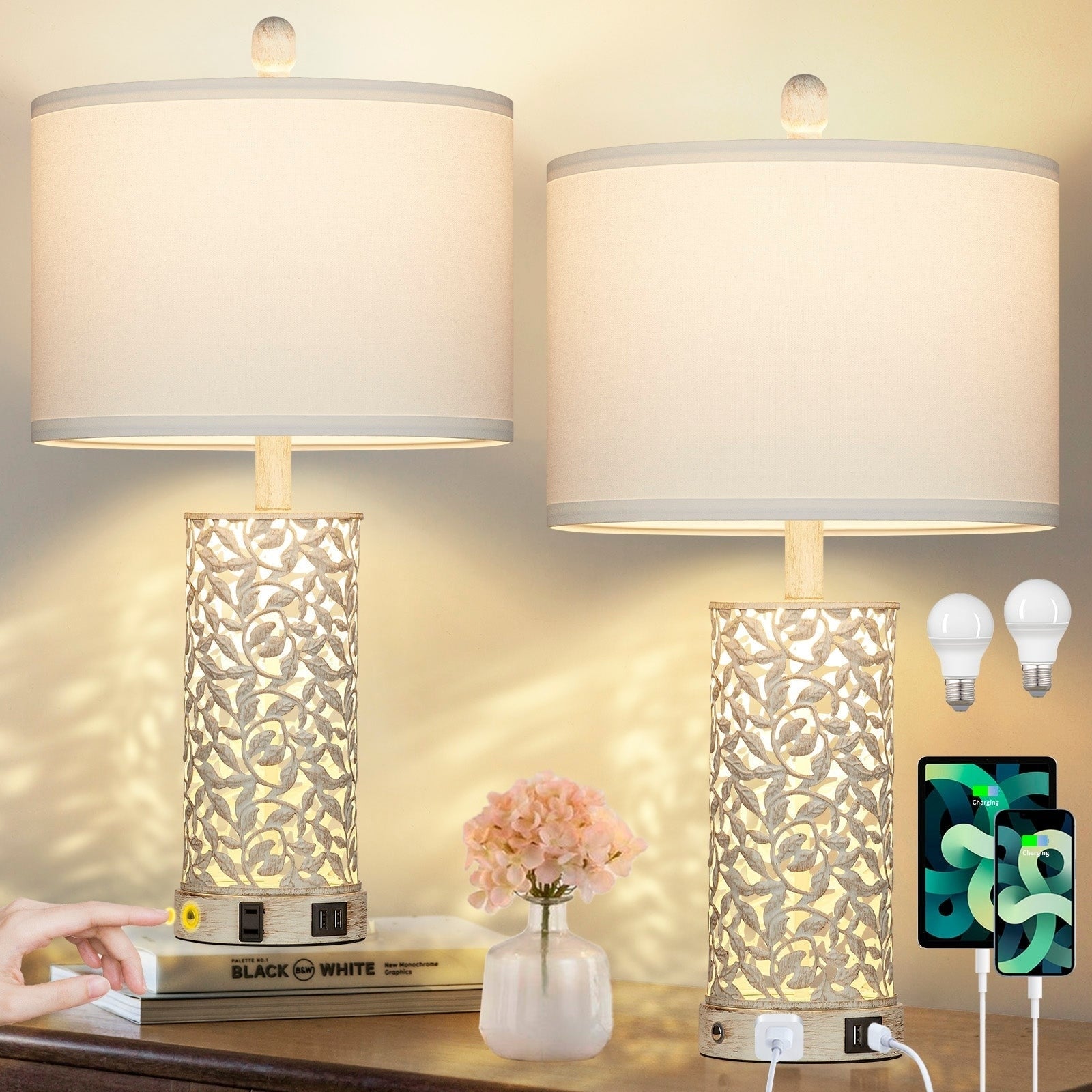 Lampes de table 2 en 1, veilleuses blanches avec ports USB en métal doré, prise secteur, interrupteur tactile (lot de 2)