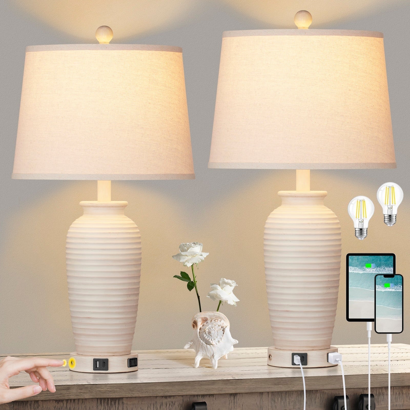 Lampes de table en résine beige, interrupteur tactile à 3 positions, ports de charge USB et Type-C, prise secteur (lot de 2)