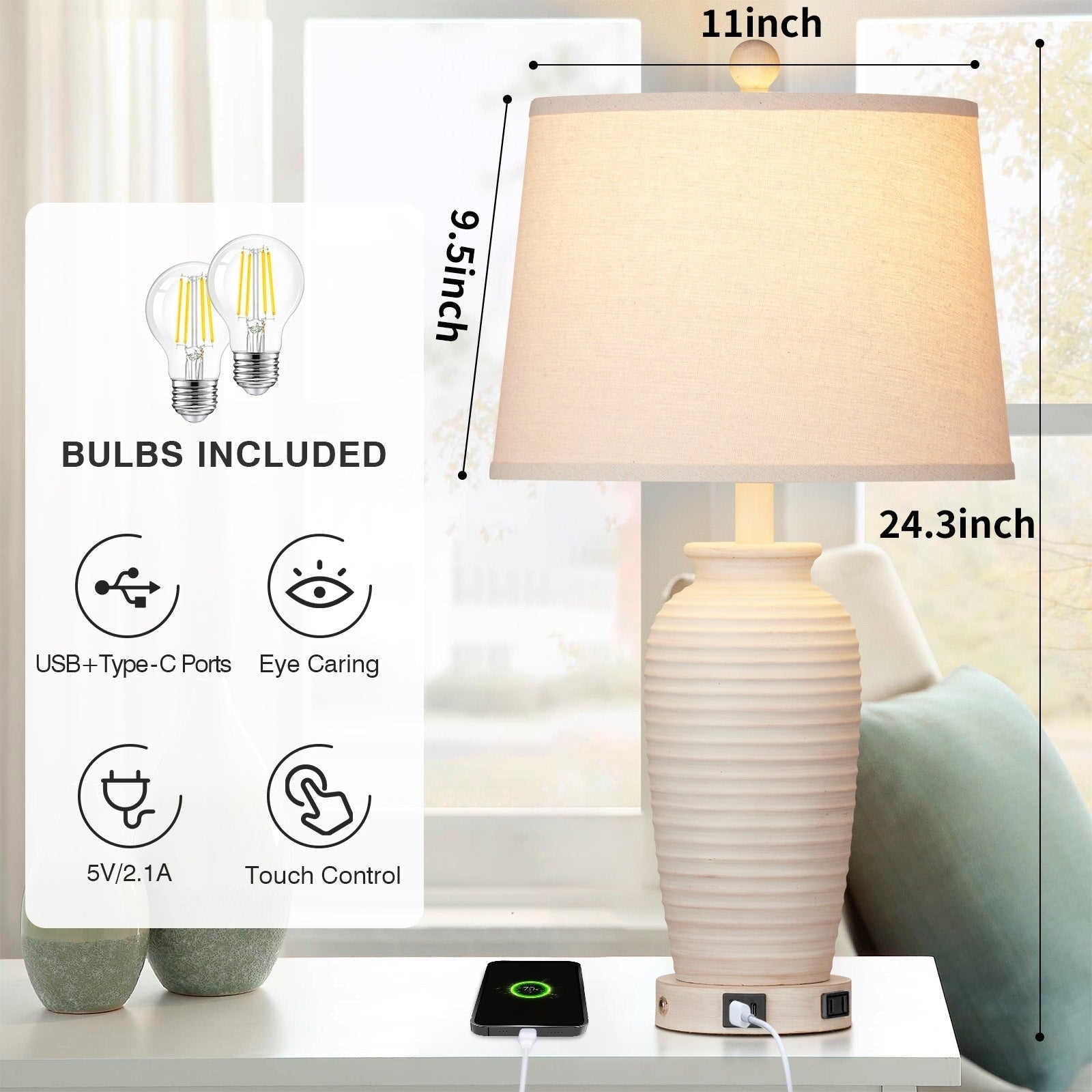 Lampes de table en résine beige, interrupteur tactile à 3 positions, ports de charge USB et Type-C, prise secteur (lot de 2)