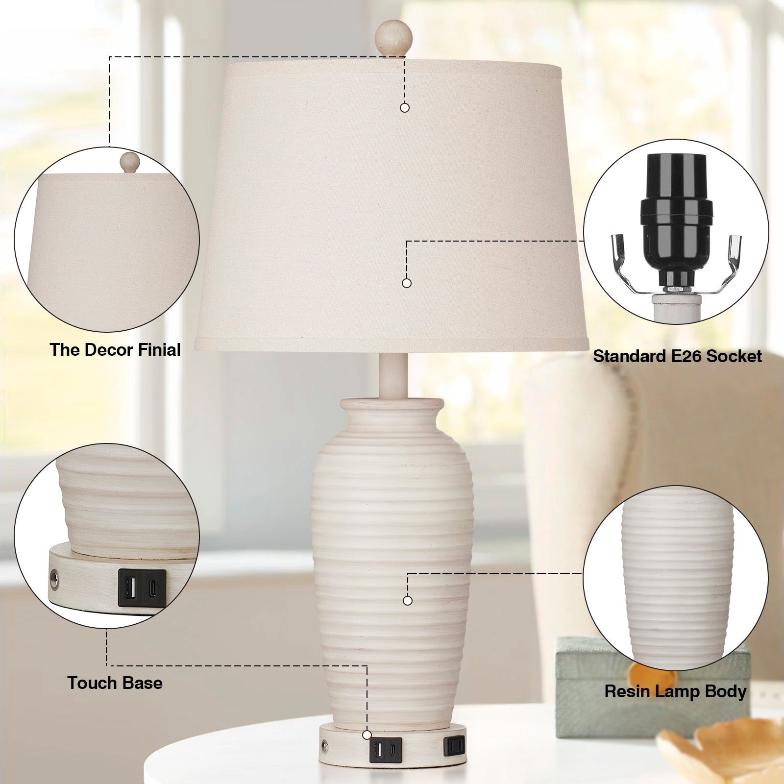 Lampes de table en résine beige, interrupteur tactile à 3 positions, ports de charge USB et Type-C, prise secteur (lot de 2)
