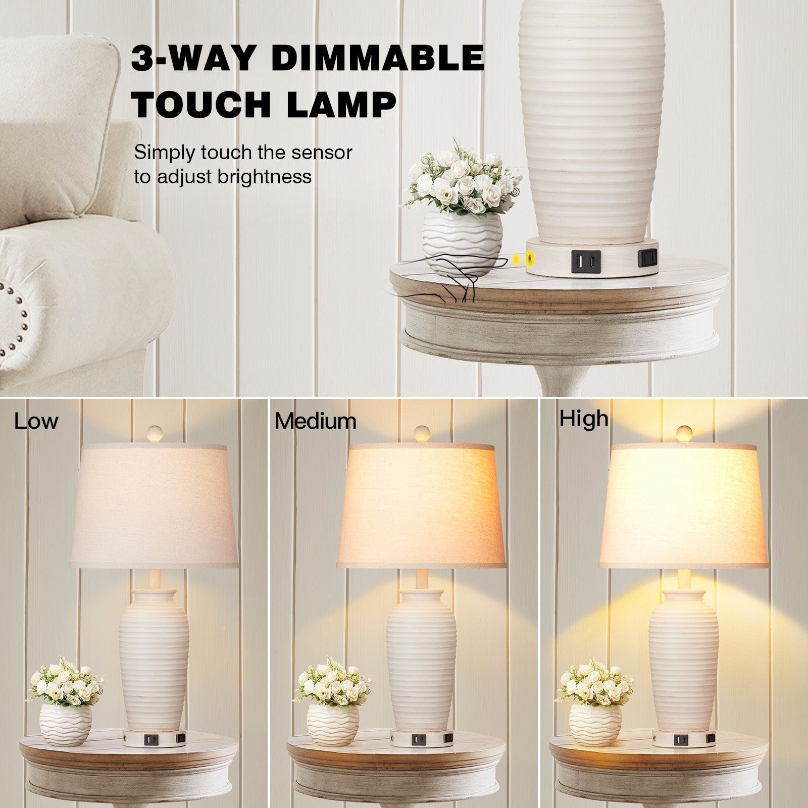 Lampes de table en résine beige, interrupteur tactile à 3 positions, ports de charge USB et Type-C, prise secteur (lot de 2)