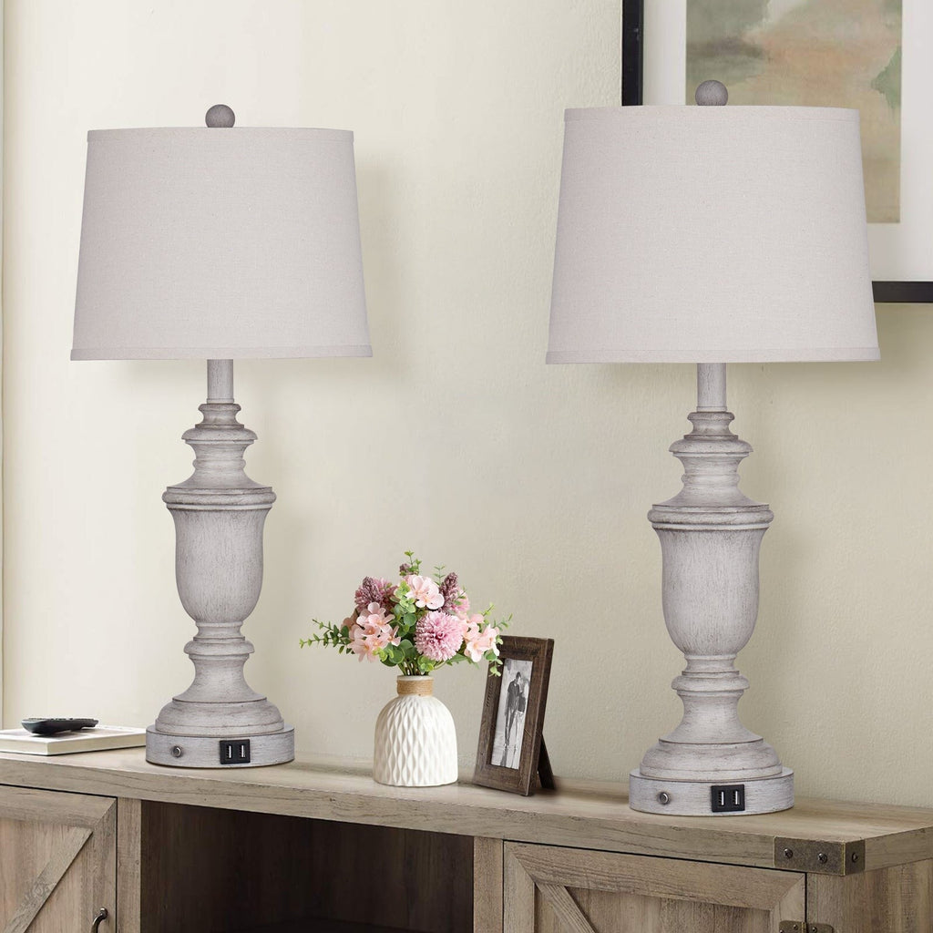 Lampes de table en résine blanche avec ports de charge USB et interrupteur tactile à 3 positions (lot de 2) - 12,5'' x 12,5'' x 25,6'' (L x l x H)