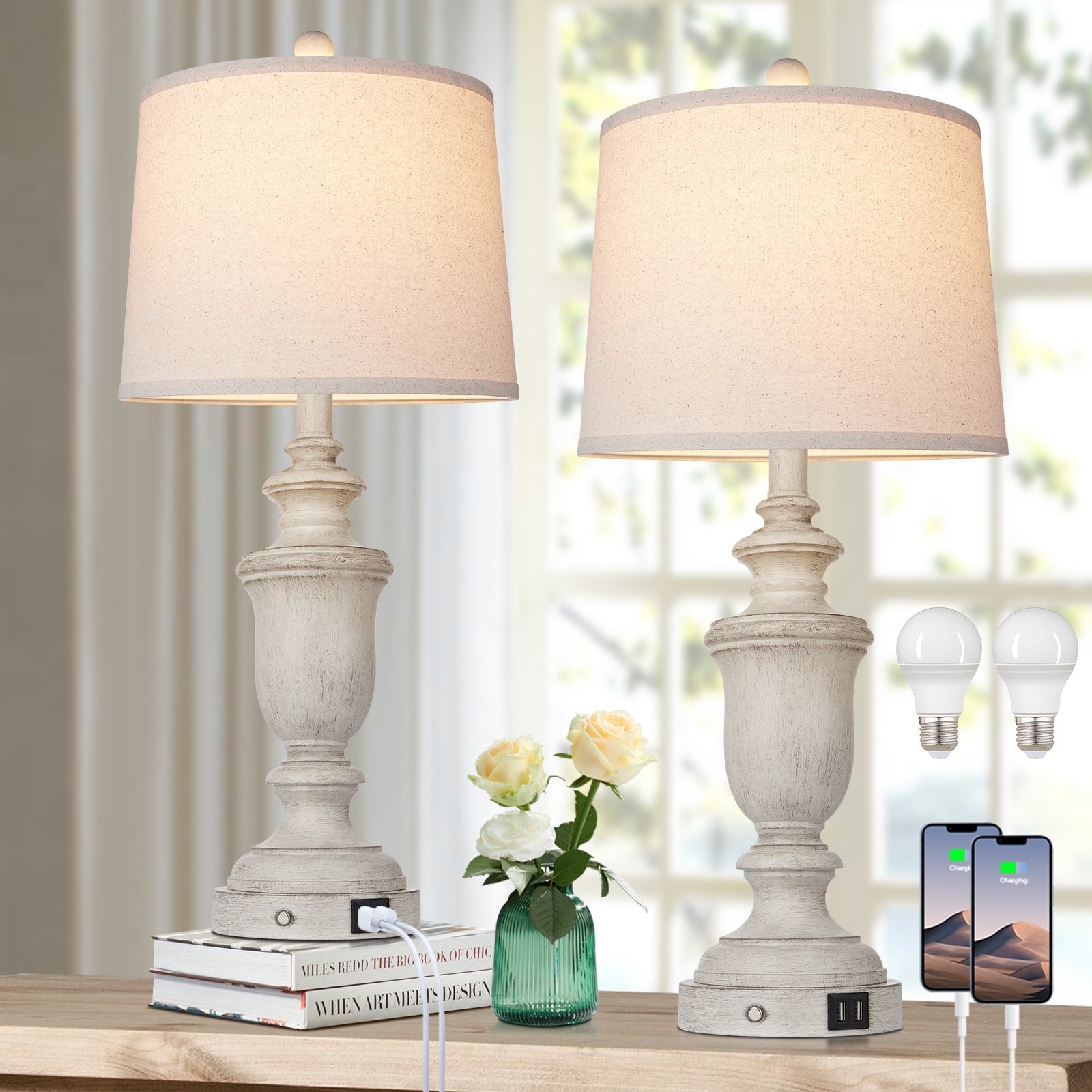 Lampes de table en résine blanche avec ports de charge USB et interrupteur tactile à 3 positions (lot de 2) - 12,5'' x 12,5'' x 25,6'' (L x l x H)