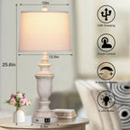 Lampes de table en résine blanche avec ports de charge USB et interrupteur tactile à 3 positions (lot de 2) - 12,5'' x 12,5'' x 25,6'' (L x l x H)