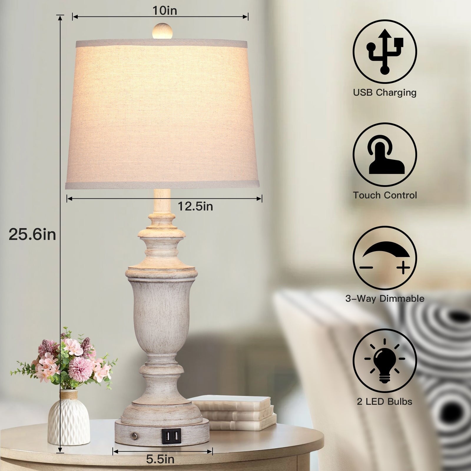 Lampes de table en résine blanche avec ports de charge USB et interrupteur tactile à 3 positions (lot de 2) - 12,5'' x 12,5'' x 25,6'' (L x l x H)