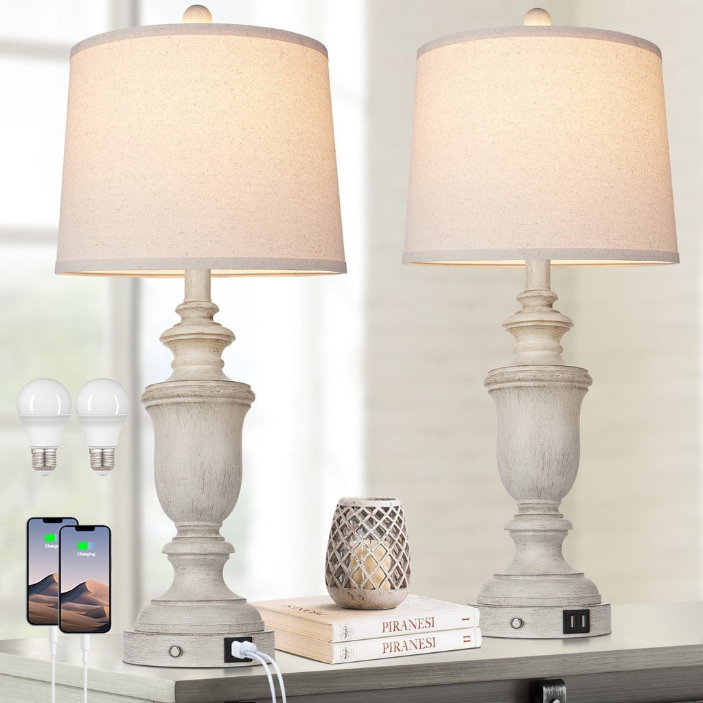 Lampes de table en résine blanche avec ports de charge USB et interrupteur tactile à 3 positions (lot de 2) - 12,5'' x 12,5'' x 25,6'' (L x l x H)