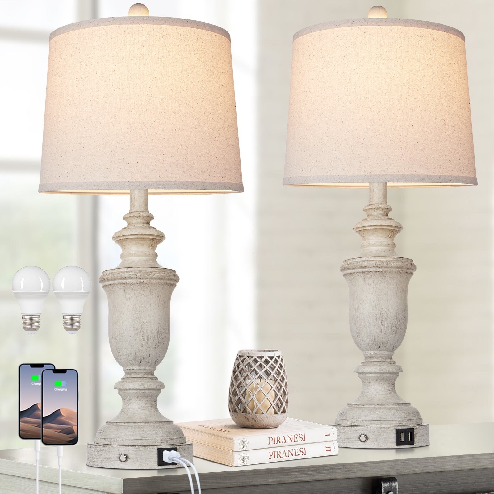 Lampes de table en résine blanche avec ports de charge USB et interrupteur tactile à 3 positions (lot de 2) - 12,5'' x 12,5'' x 25,6'' (L x l x H)