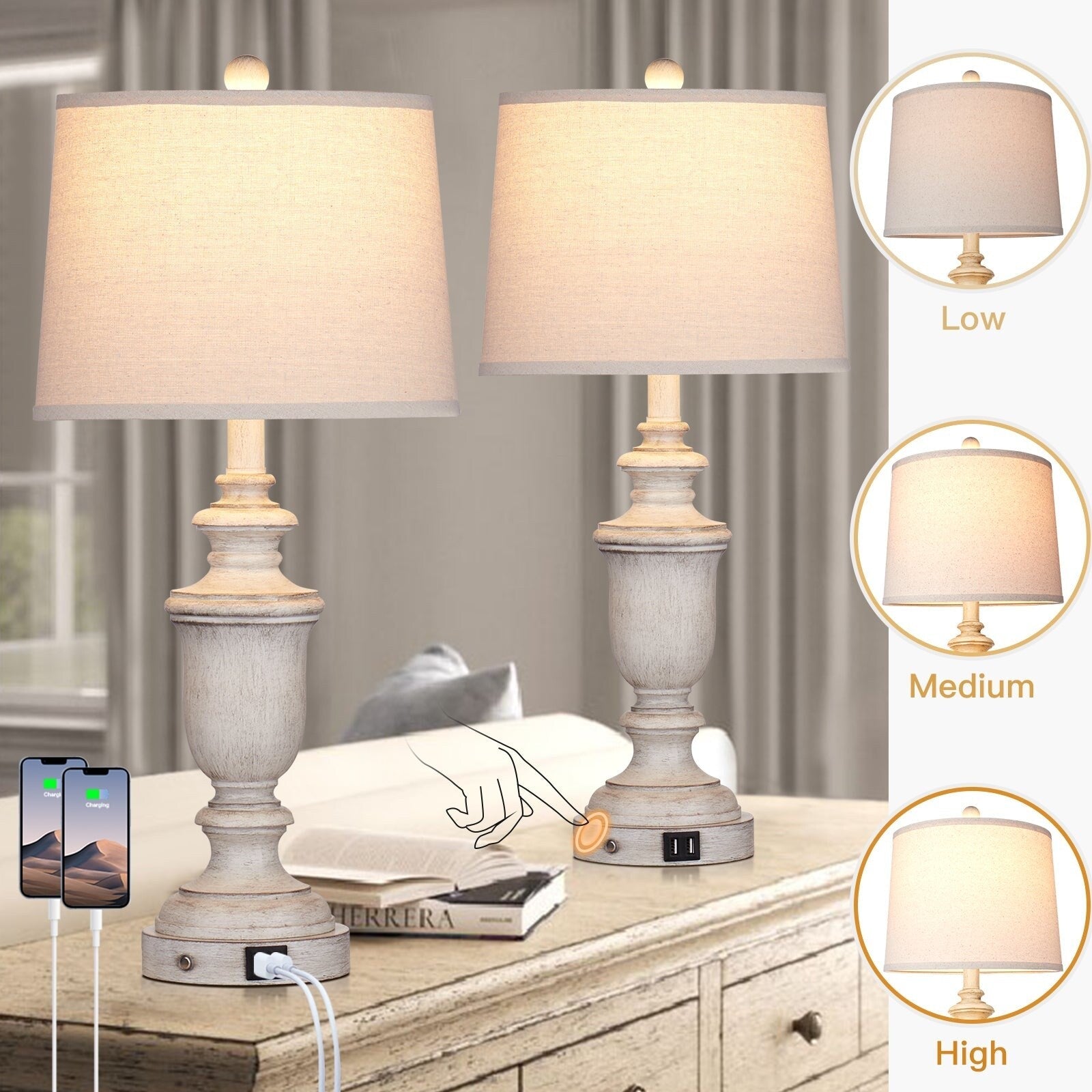 Lampes de table en résine blanche avec ports de charge USB et interrupteur tactile à 3 positions (lot de 2) - 12,5'' x 12,5'' x 25,6'' (L x l x H)