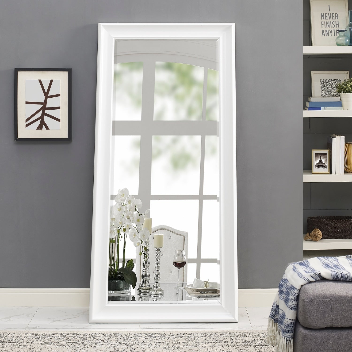Grand miroir intégral surdimensionné avec cadre en imitation bois lisse, miroir rectangulaire à suspendre au mur