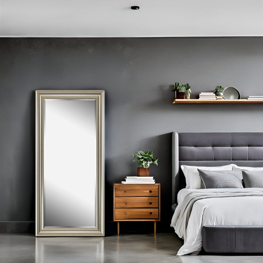 Grand miroir intégral surdimensionné avec cadre en imitation bois lisse, miroir rectangulaire à suspendre au mur