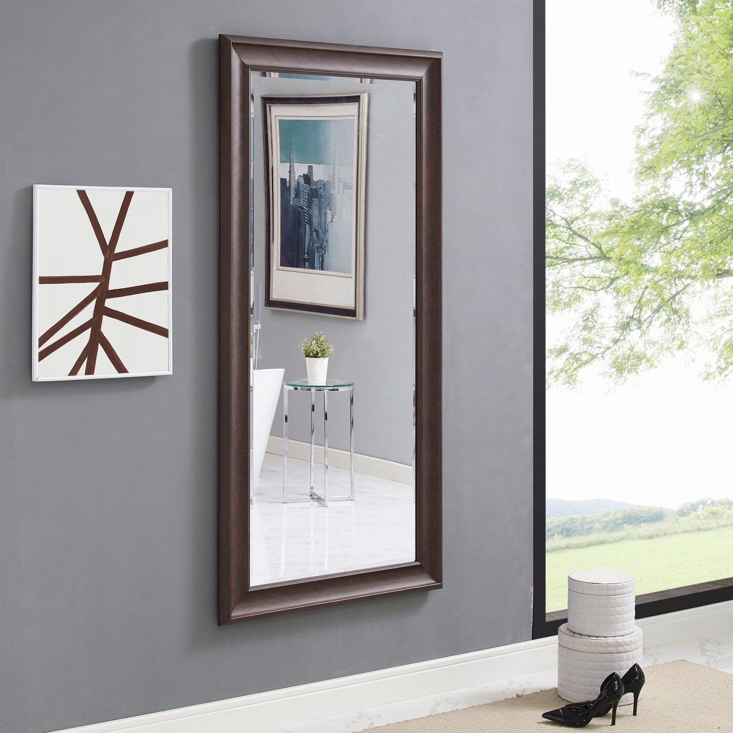 Grand miroir intégral surdimensionné avec cadre en imitation bois lisse, miroir rectangulaire à suspendre au mur