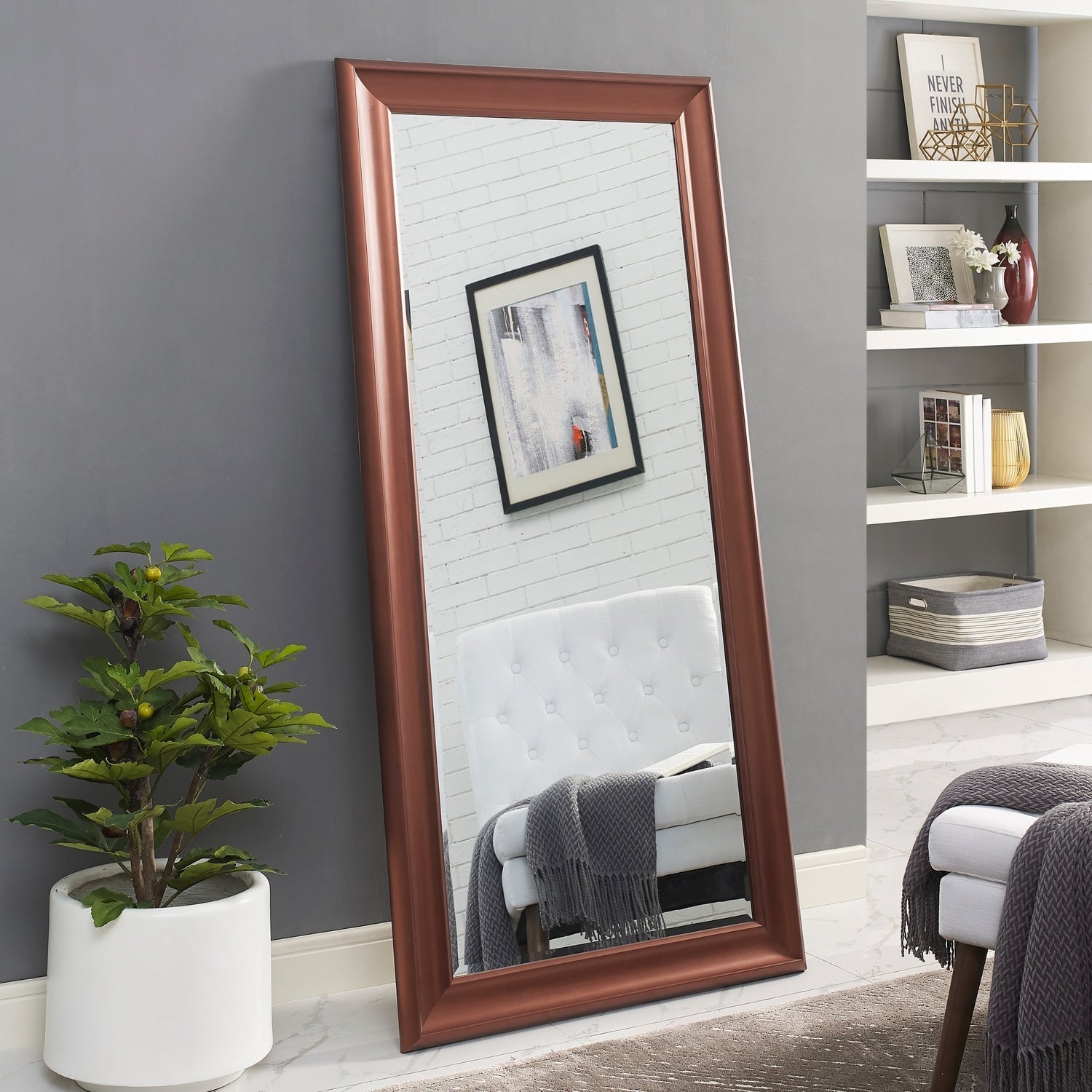 Grand miroir intégral surdimensionné avec cadre en imitation bois lisse, miroir rectangulaire à suspendre au mur