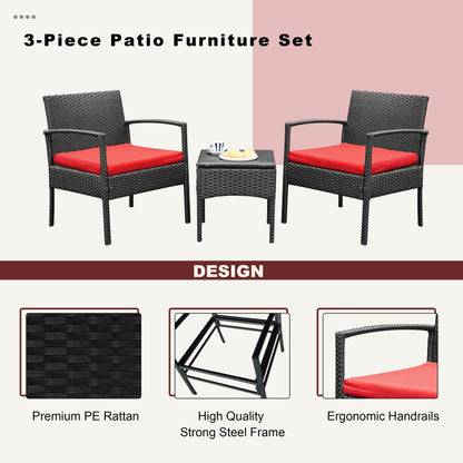 Ensemble de meubles de jardin 3 pièces, ensemble de chaises de conversation en rotin avec table d'appoint et coussins