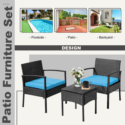 Ensemble de meubles de jardin 3 pièces, ensemble de chaises de conversation en rotin avec table d'appoint et coussins