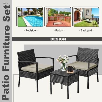 Ensemble de meubles de jardin 3 pièces, ensemble de chaises de conversation en rotin avec table d'appoint et coussins