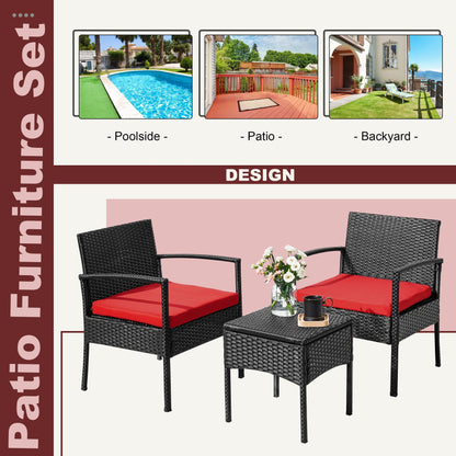 Ensemble de meubles de jardin 3 pièces, ensemble de chaises de conversation en rotin avec table d'appoint et coussins