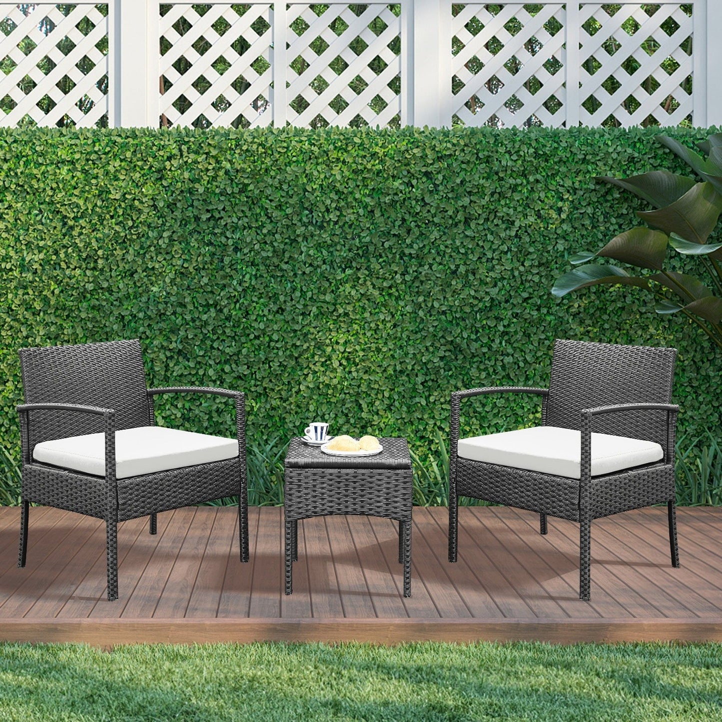 Ensemble de meubles de jardin 3 pièces, ensemble de chaises de conversation en rotin avec table d'appoint et coussins
