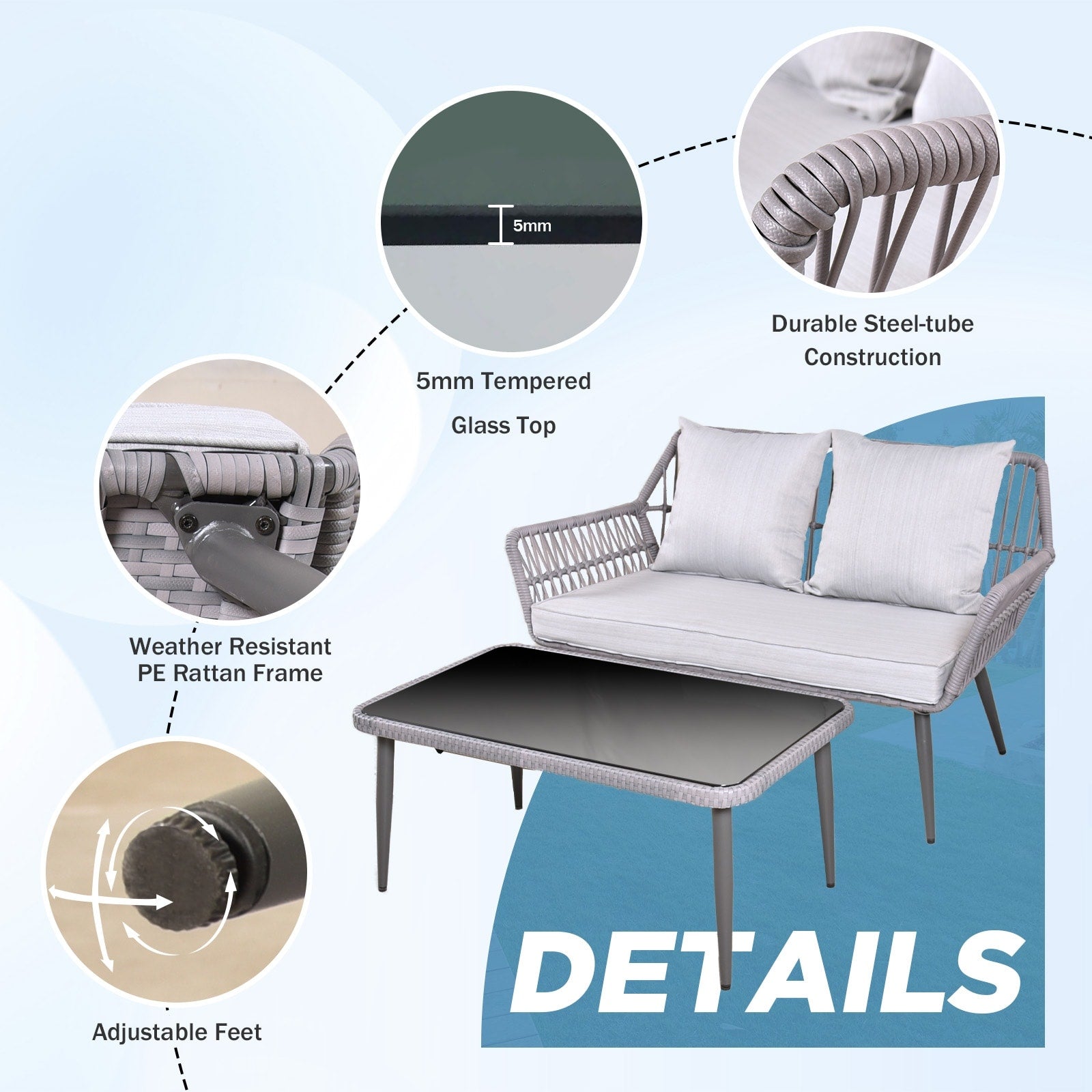 Ensemble de 4 meubles de jardin en osier pour terrasse, canapé-lit en rotin gris avec coussin et table