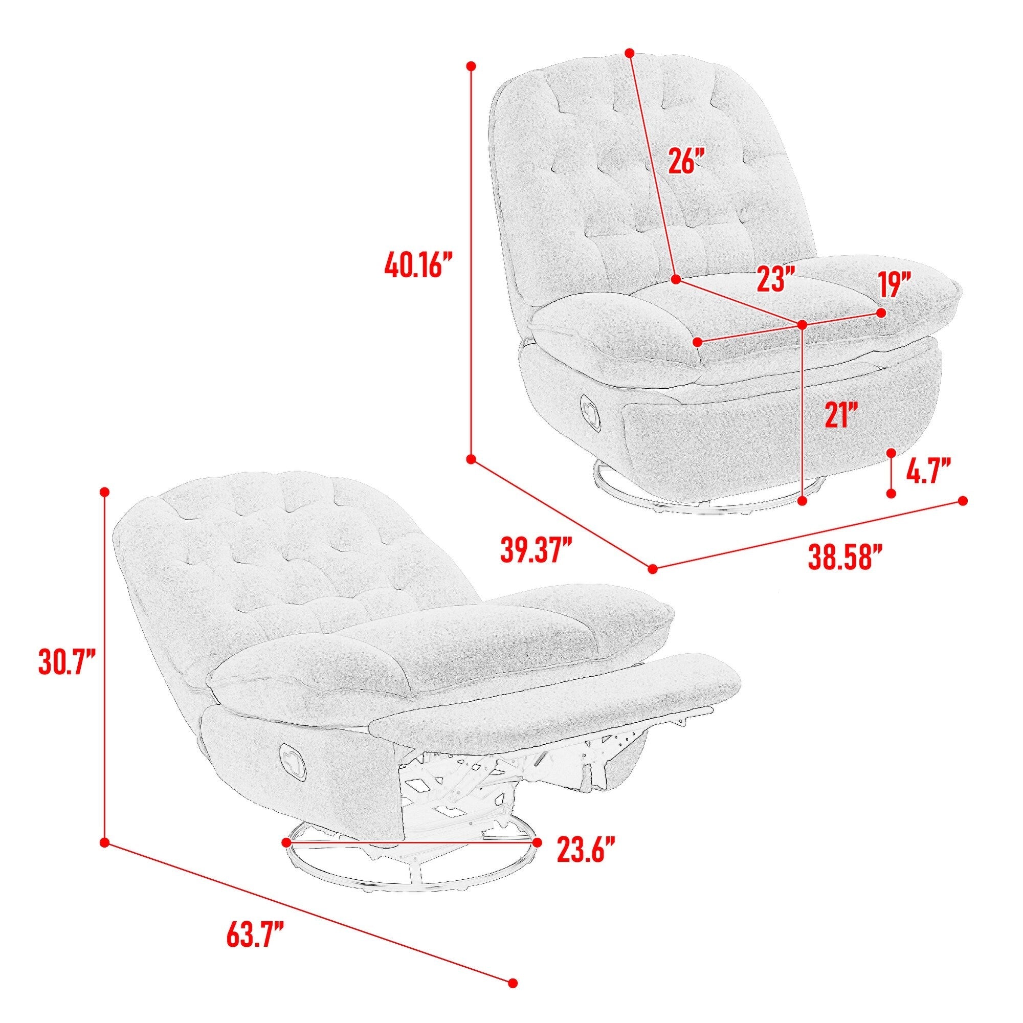 Fauteuil inclinable manuel pivotant à 360° surdimensionné en chenille bleu sarcelle avec repose-pieds allongé et dossier capitonné