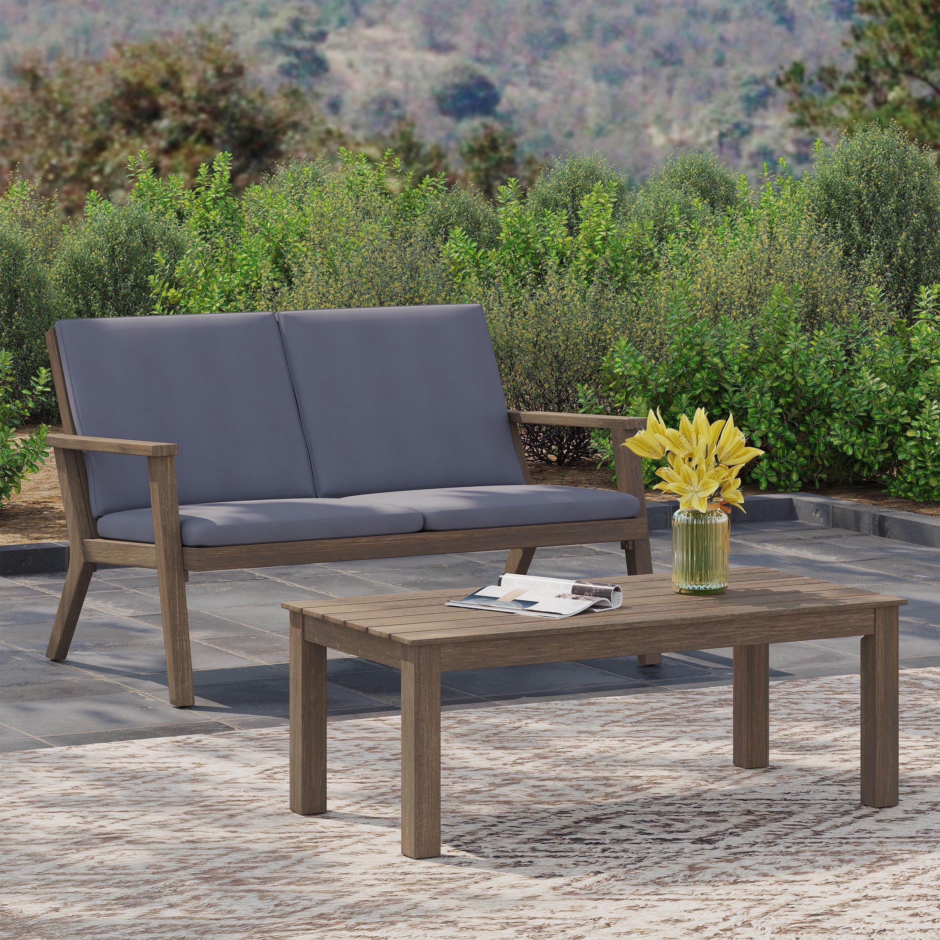 Ensemble causeuse et table basse d'extérieur en bois d'acacia Temecula avec coussins par Christopher Knight Home