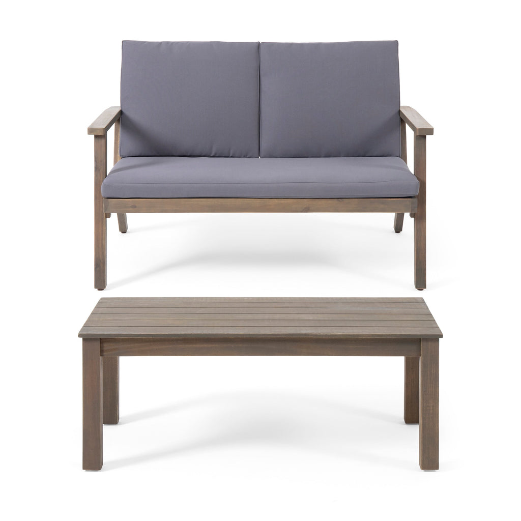 Ensemble causeuse et table basse d'extérieur en bois d'acacia Temecula avec coussins par Christopher Knight Home