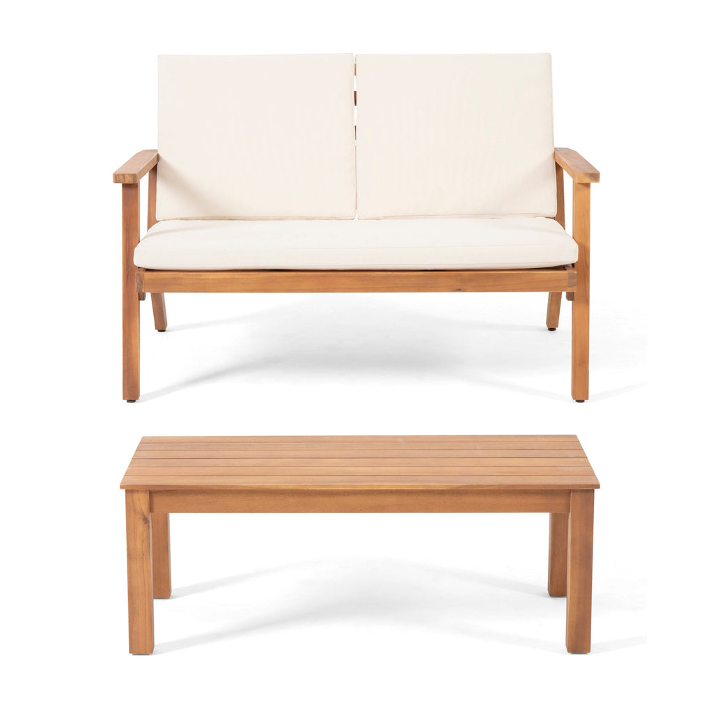 Ensemble causeuse et table basse d'extérieur en bois d'acacia Temecula avec coussins par Christopher Knight Home