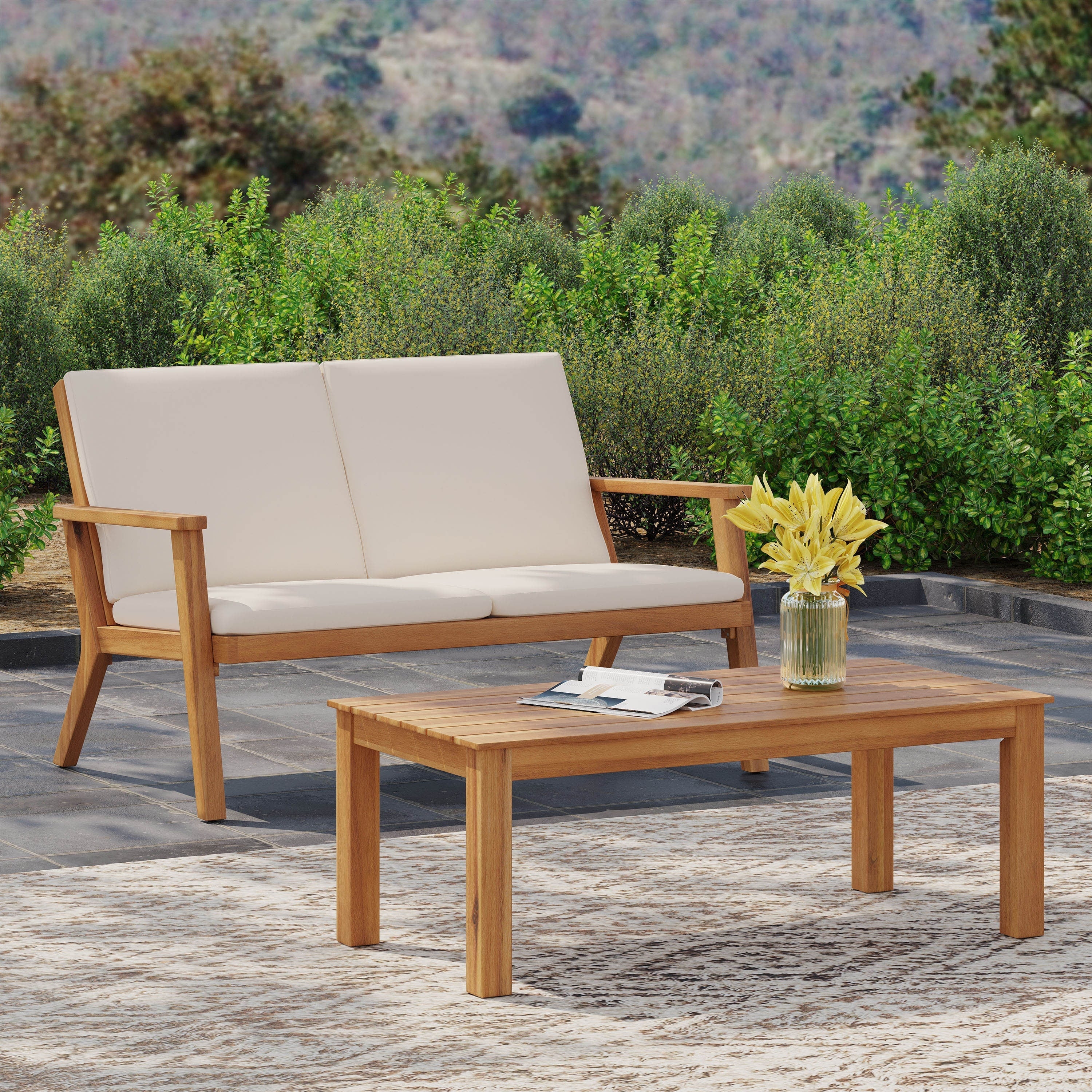 Ensemble causeuse et table basse d'extérieur en bois d'acacia Temecula avec coussins par Christopher Knight Home