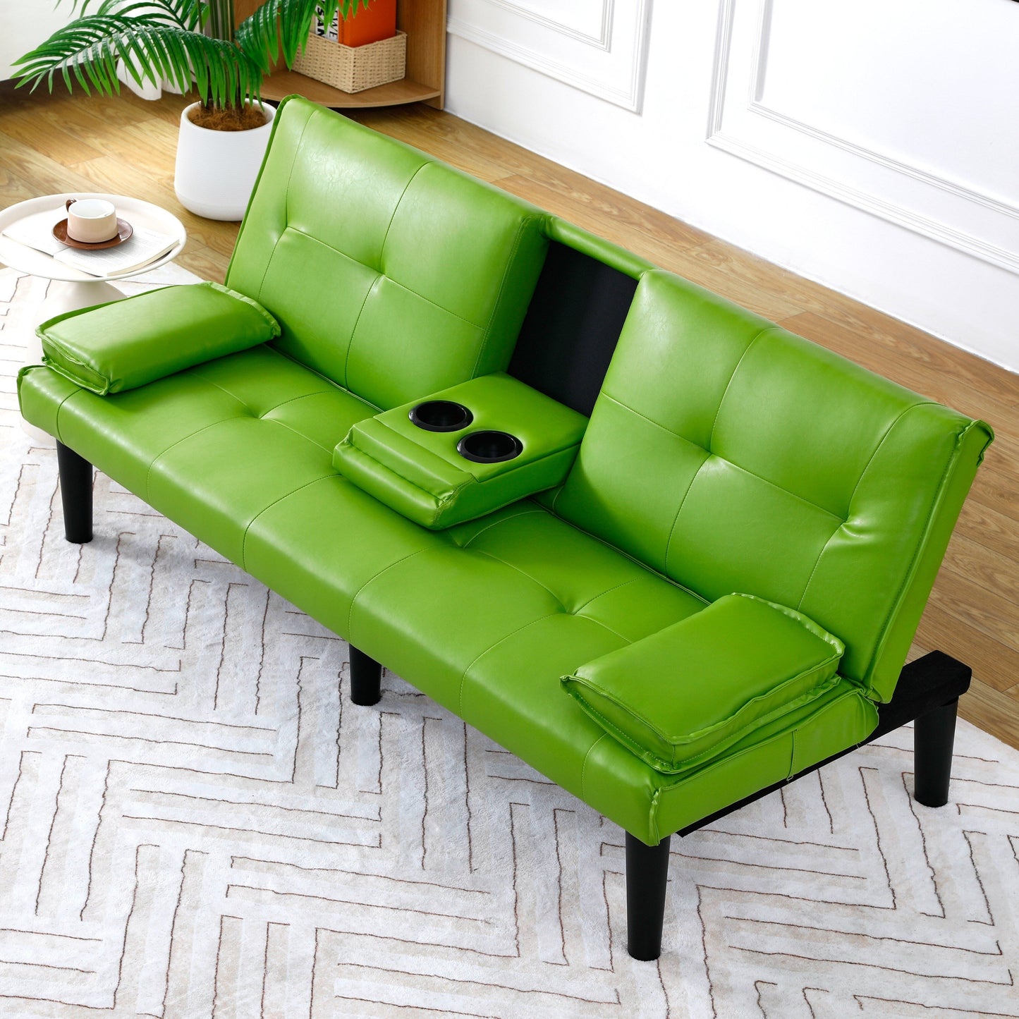 Le canapé-lit multifonctionnel en PVC noir de 67 pouces avec un design pliable et porte-gobelet