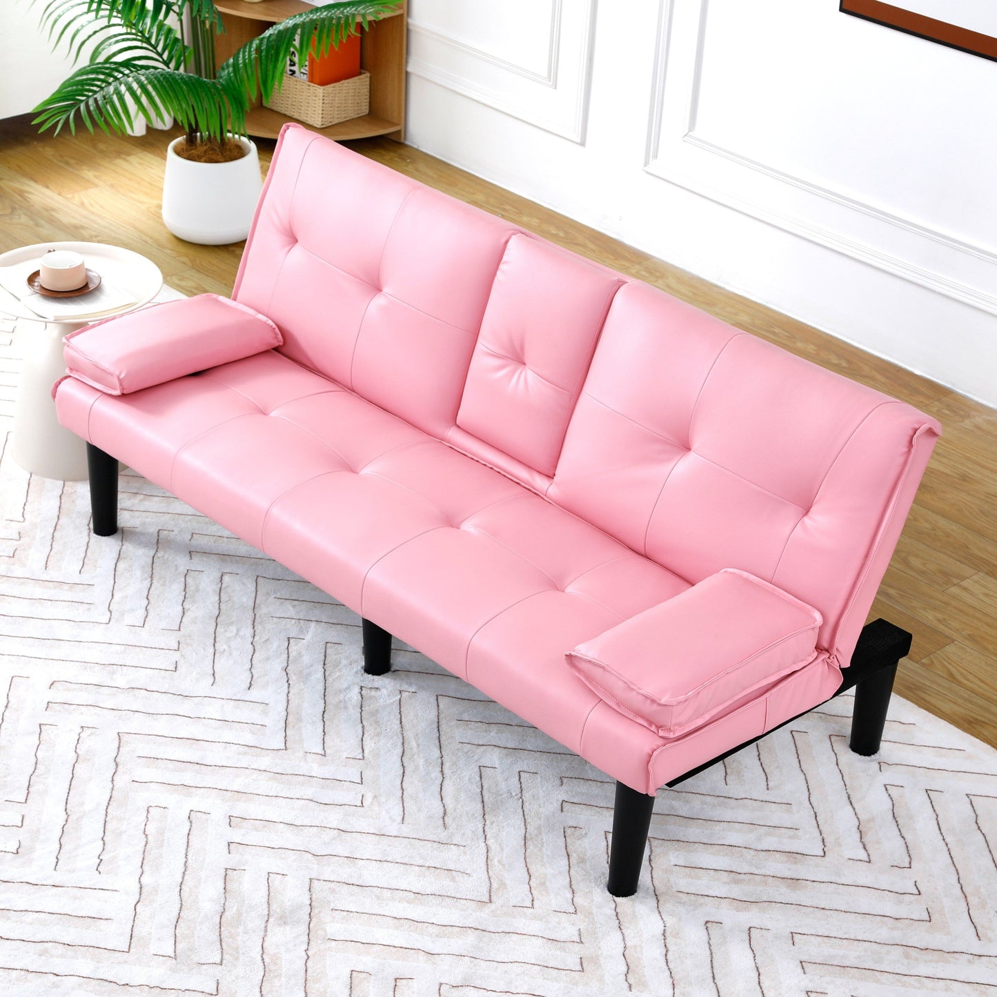 Le canapé-lit multifonctionnel en PVC noir de 67 pouces avec un design pliable et porte-gobelet