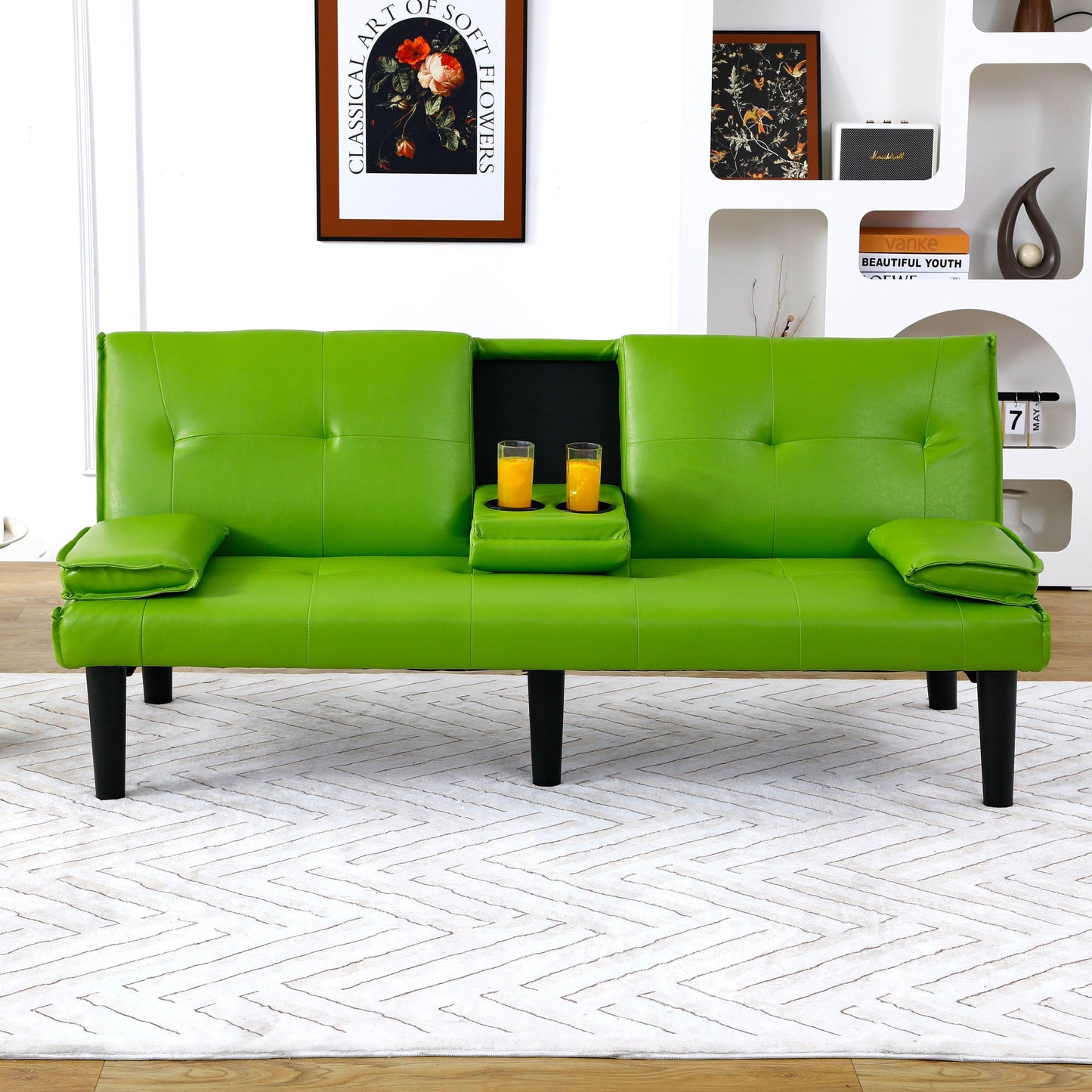 Le canapé-lit multifonctionnel en PVC noir de 67 pouces avec un design pliable et porte-gobelet