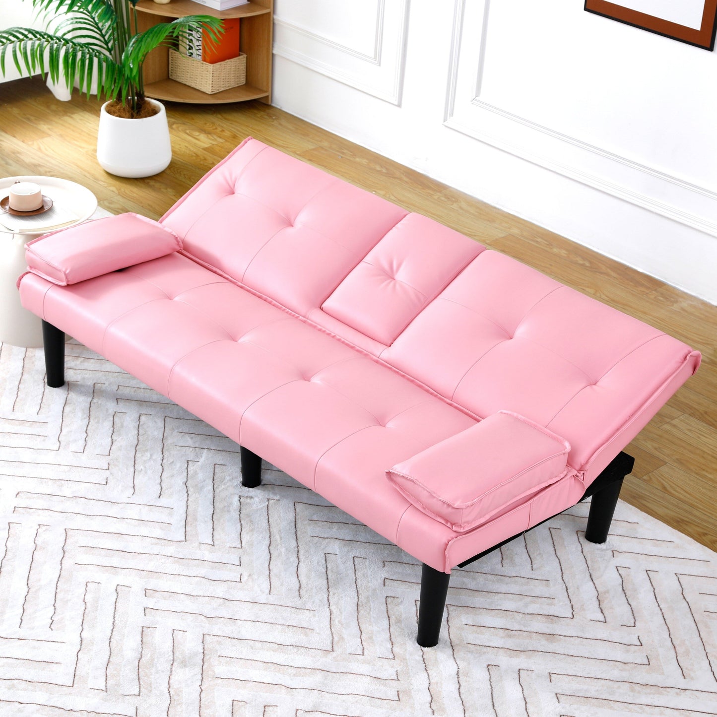 Le canapé-lit multifonctionnel en PVC noir de 67 pouces avec un design pliable et porte-gobelet