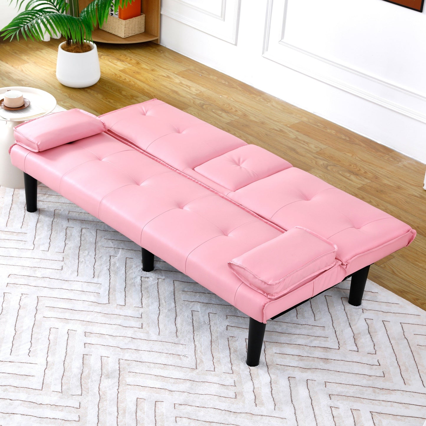 Le canapé-lit multifonctionnel en PVC noir de 67 pouces avec un design pliable et porte-gobelet