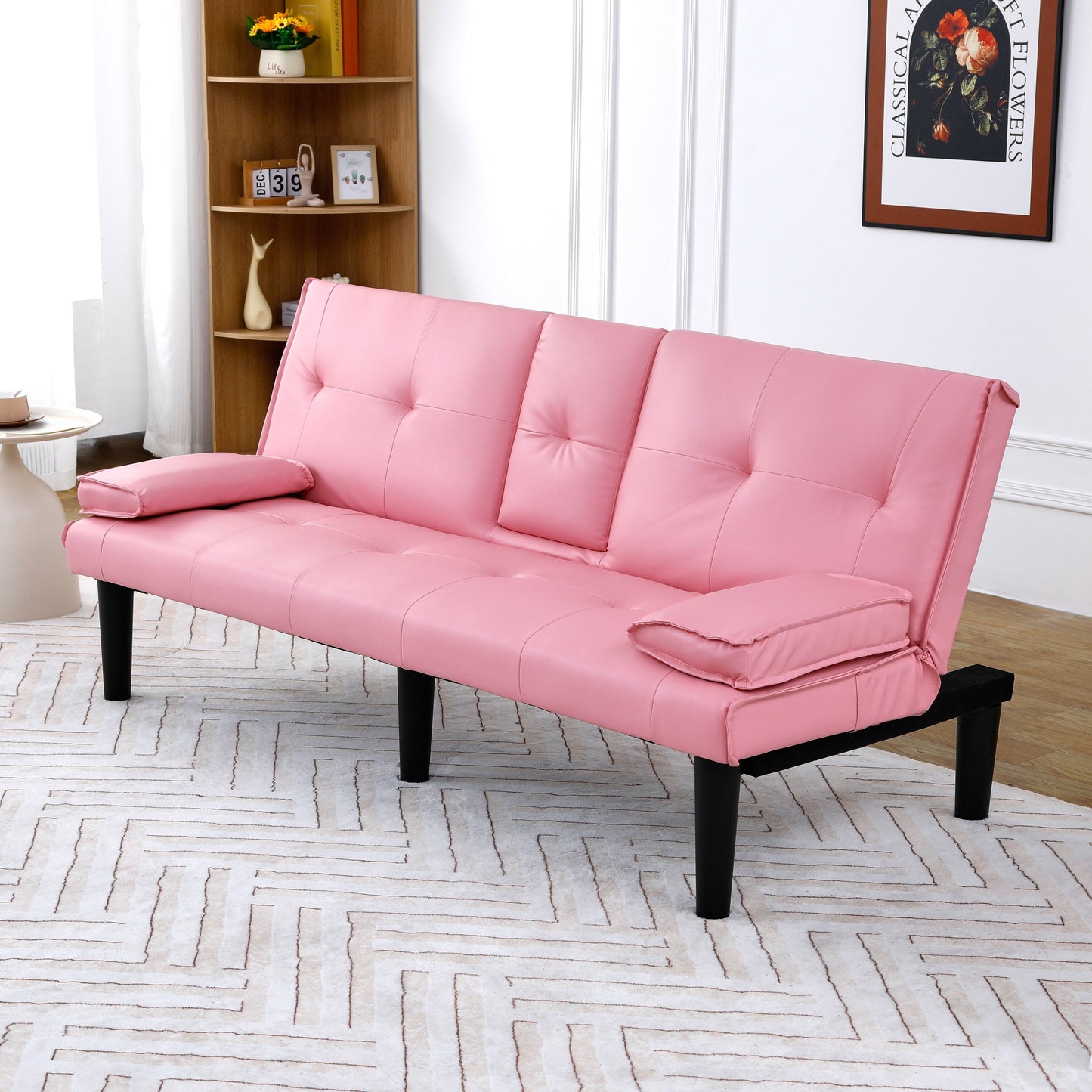 Le canapé-lit multifonctionnel en PVC noir de 67 pouces avec un design pliable et porte-gobelet
