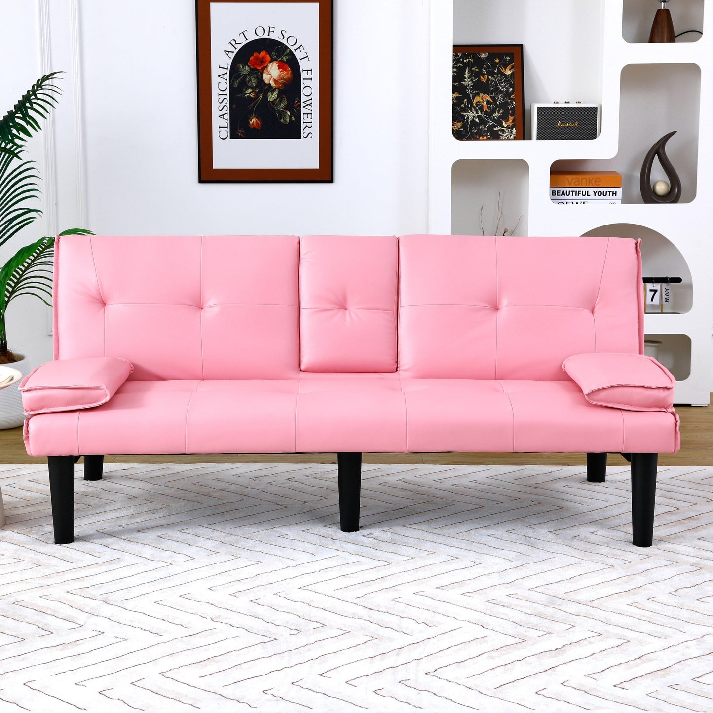 Le canapé-lit multifonctionnel en PVC noir de 67 pouces avec un design pliable et porte-gobelet