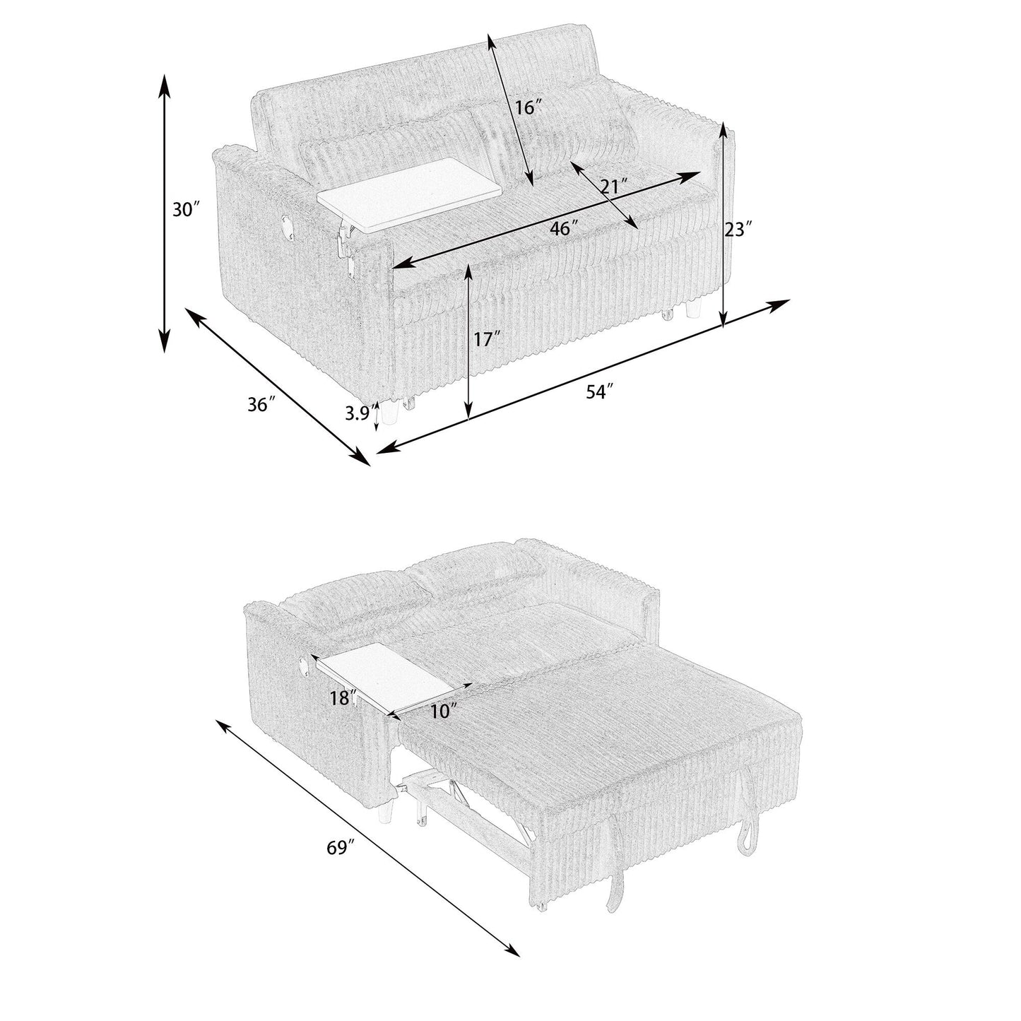 Le canapé gigogne en velours côtelé à double fonction, équipé d'un plateau amovible et de ports USB, convient