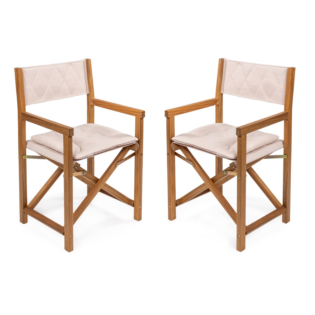 Chaise de réalisateur d'extérieur classique Theo, style milieu de siècle, pliable, en bois d'acacia, avec dossier matelassé en losanges et coussin (lot de 2) par JONATHAN Y