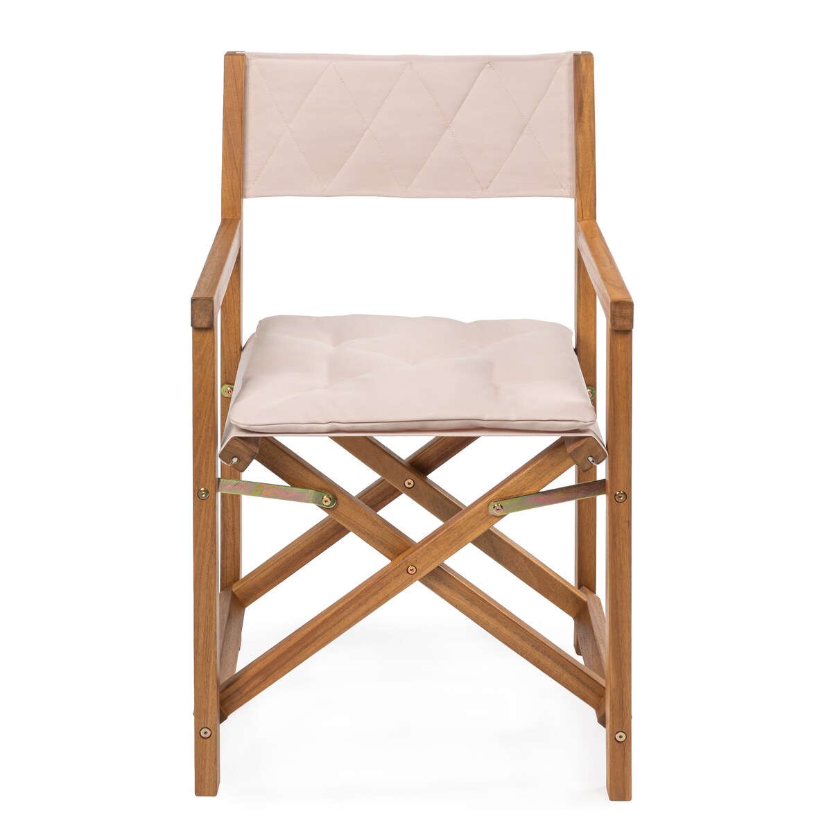 Chaise de réalisateur d'extérieur classique Theo, style milieu de siècle, pliable, en bois d'acacia, avec dossier matelassé en losanges et coussin (lot de 2) par JONATHAN Y
