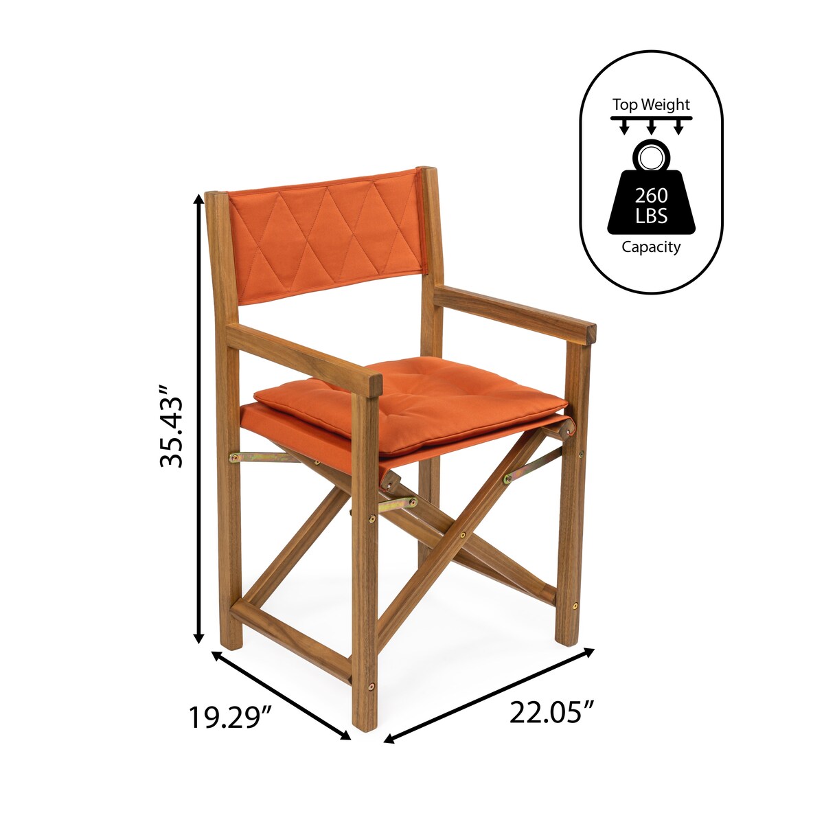 Chaise de réalisateur d'extérieur classique Theo, style milieu de siècle, pliable, en bois d'acacia, avec dossier matelassé en losanges et coussin (lot de 2) par JONATHAN Y