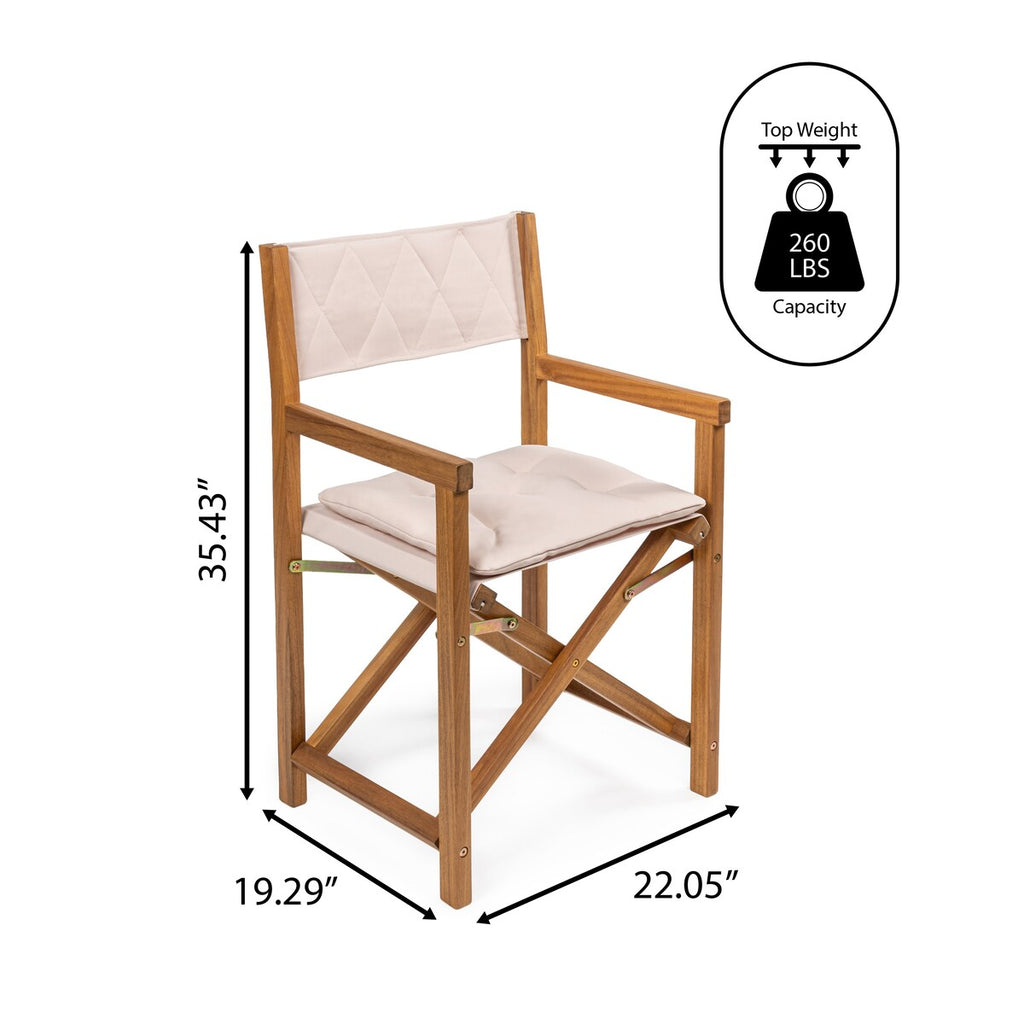 Chaise de réalisateur d'extérieur classique Theo, style milieu de siècle, pliable, en bois d'acacia, avec dossier matelassé en losanges et coussin (lot de 2) par JONATHAN Y