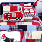 Parure de lit queen size à carreaux bleus et rouges Thomas Firetruck