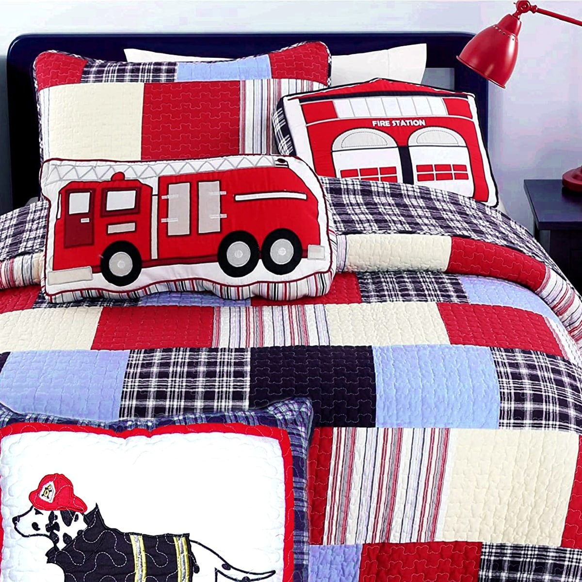 Parure de lit queen size à carreaux bleus et rouges Thomas Firetruck